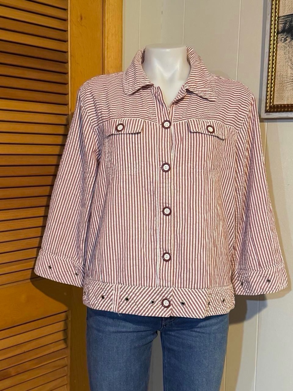 Striped Red and White Cotton Blend Jean Jacket - Women's Button-Front